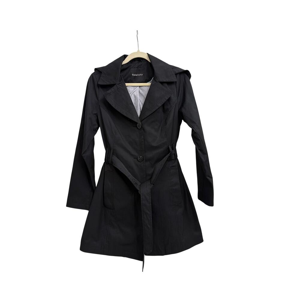 Relativity Black Water Resistant Tie Front Hooded Trench Rain Jacket Size Small